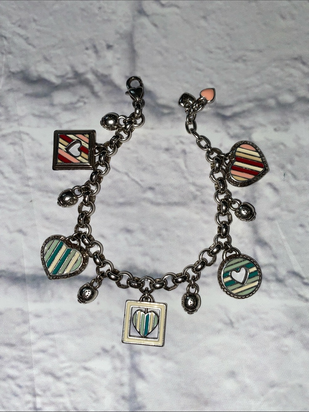 Brighton Candy Hearts Striped Enamel Silver Tone Reversible Charm Bracelet
